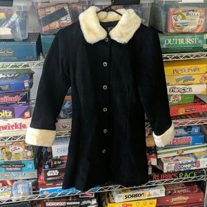 Girls size Large 10/12 Black Long Coat Jacket Fur